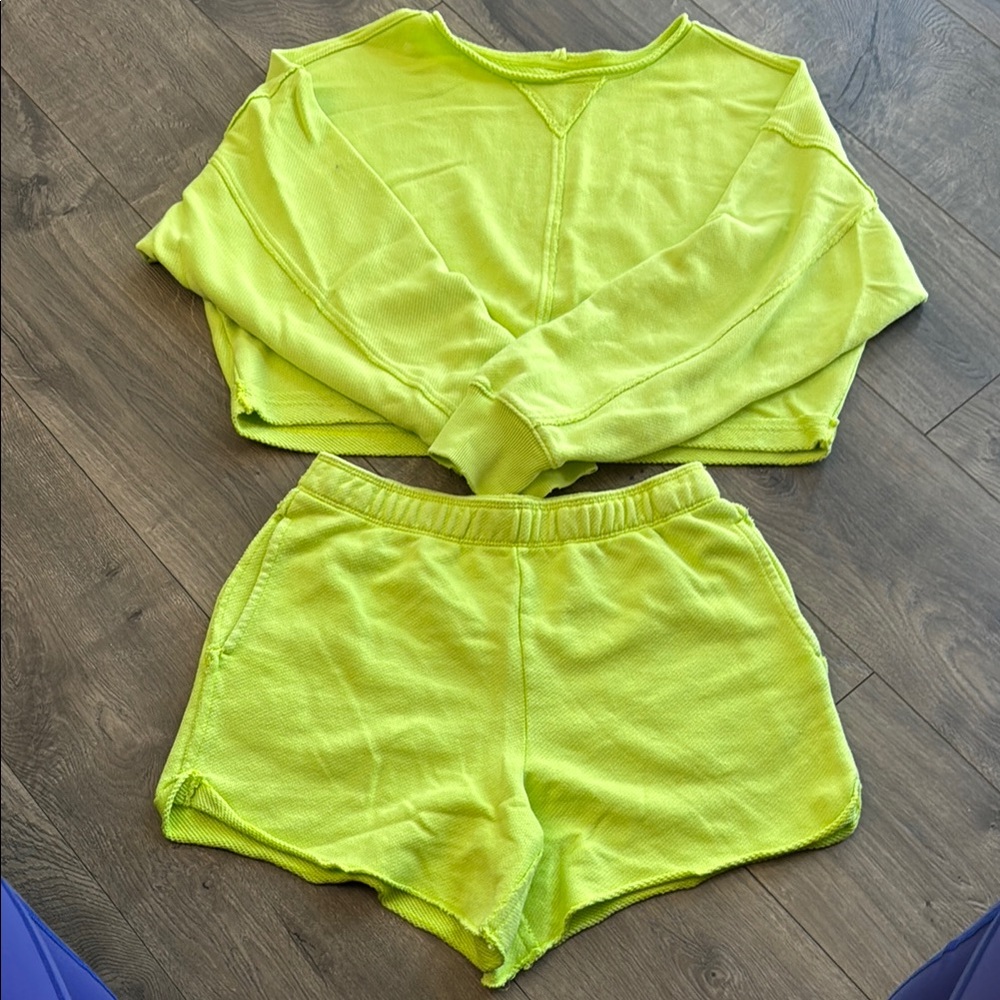 Neon Green Cropped Sweatshirt and Shorts Set